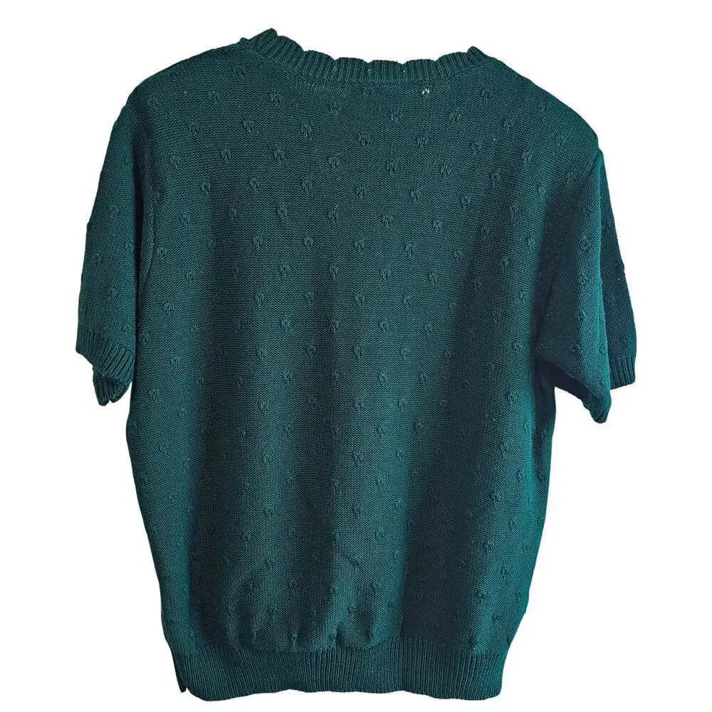 Vintage Floral Sweater Women Lg Green Paisley Knit Twee Preppy Cottage Neutral